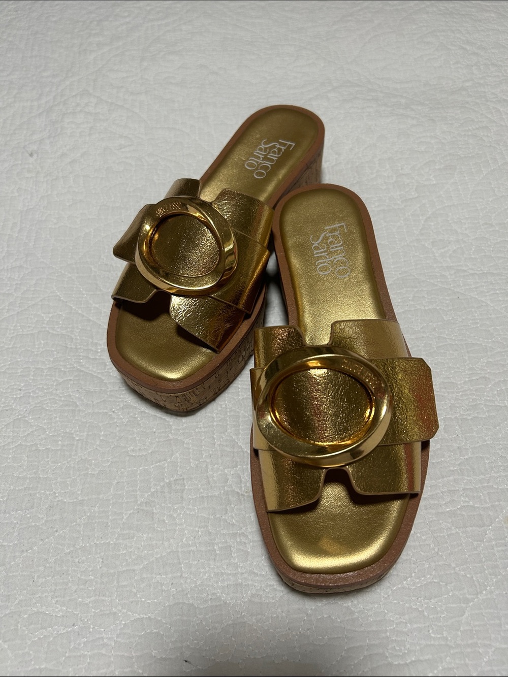 Franco Sarto Metallic Gold Slide Mules with Oversized Ring